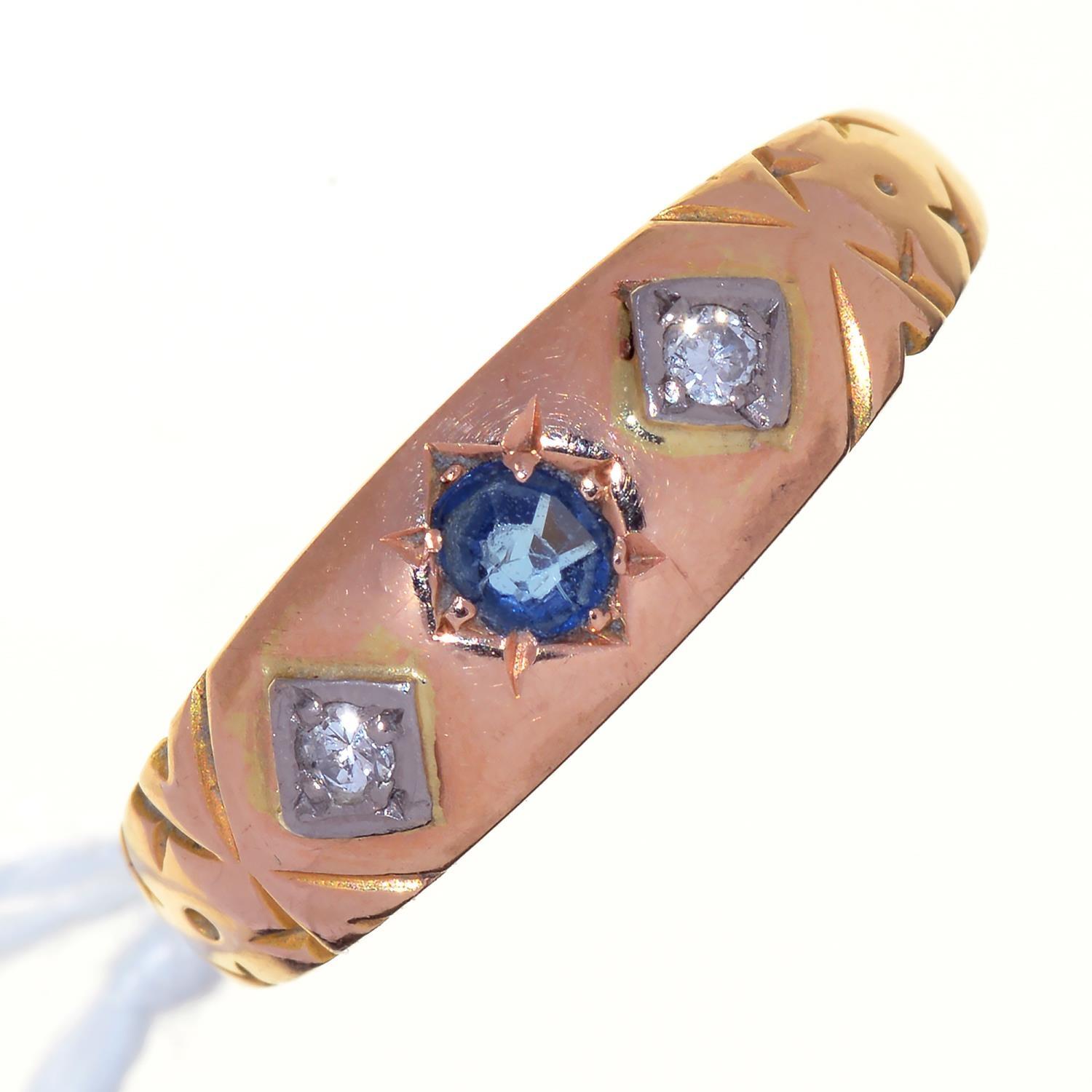 A VICTORIAN SAPPHIRE AND DIAMOND RING, GYPSY SET IN 22CT GOLD, BIRMINGHAM 1851, 1.9G, SIZE L