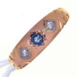 A VICTORIAN SAPPHIRE AND DIAMOND RING, GYPSY SET IN 22CT GOLD, BIRMINGHAM 1851, 1.9G, SIZE L