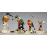 A ROYAL WORCESTER MODEL OF A KINGFISHER AND THREE SIMILAR ROYAL CROWN DERBY MODELS OF BIRDS, 15CM