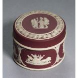 A WEDGWOOD CRIMSON JASPER DIP BOX AND COVER, C1900, 6CM DIAM, IMPRESSED MARK Condition report  Minor