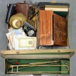 A CAST IRON WEIGHING SCALE WITH BRASS PANS, A PAIR OF BINOCULARS IN LEATHER CASE, A COLLECTION OF GB