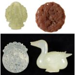 A CHINESE CELADON JADE  CARVING OF A DUCK, 20TH C, 4.5CM H,  AND THREE CHINESE CARVED JADE