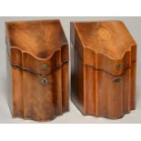 TWO GEORGE III SERPENTINE MAHOGANY CUTLERY BOXES, C1800, CROSSBANDED AND LINE INLAID, THE LID OF ONE