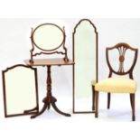 AN INLAID MAHOGANY ELBOW CHAIR AND TRIPOD TABLE AND THREE MAHOGANY FRAMED MIRRORS Condition report