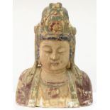 A SOUTH EAST ASIAN PAINTED POLYCHROME WOOD SCULPTURE OF QUANYIN, 67CM H Condition report  Lower part