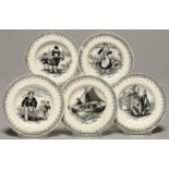 A SET OF FIVE BRITISH BLACK PRINTED EARTHENWARE CHILDREN'S PLATES, C1840, WITH DIFFERENT SUBJECTS,