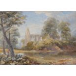 BRITISH SCHOOL, 19TH C - A RUINED ABBEY, WATERCOLOUR, INDISTINCTLY INSCRIBED WITH INITIALS, 25 X