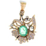 AN EMERALD AND DIAMOND PENDANT OF LEAFY FLORAL DESIGN, CENTRED BY A LARGER STEP CUT EMERALD IN GOLD,