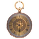 A SWISS GOLD CYLINDER LADIES WATCH, LATE 19TH C, WITH ENGRAVED DIAL, ENGINE TURNED AND ENGRAVED CASE