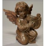 A NORTHERN EUROPEAN SCULPTURE OF A CHERUB WITH LYRE, 19TH C, KNEELING ON ONE KNEE, 30CM H, UNDERSIDE