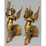 A PAIR OF VICTORIAN GILT BRASS WINGED FEMALE DEMI FIGURE GASS WALL LIGHTS, LATE 19TH C, AS A SEA