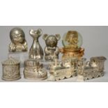 A QUANTITY OF PLATED HUMPTY-DUMPTY AND OTHER BANKS, ETC Condition report  Some wear to plating on