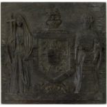 A VICTORIAN CARVED AND DARK STAINED OAK PANEL INCORPORATING THE ARMS OF THE UNITED KINGDOM WITH