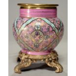 A BRASS MOUNTED PERSIAN STYLE ENAMELLED PINK OVERLAY GLASS OIL LAMP BASE, C1890, GLOBULAR, DECORATED
