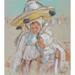20TH C SCHOOL - WOMAN AND CHILD, INDISTINCTLY SIGNED K.I.B. ? , MIXED MEDIA ON COLOURED PAPER, 44.