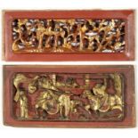 TWO CHINESE LACQUERED AND GILTWOOD PANELS, 19TH/EARLY 20TH C, ONE CARVED WITH WARRIORS, THE OTHER