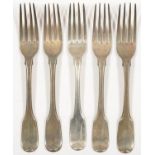 A SET OF FIVE GEORGE III SILVER TABLE FORKS, FIDDLE PATTERN, CRESTED, BY ELEY, FEARN & CHAWNER,