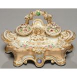 A FRENCH APRICOT GROUND PORCELAIN INKSTAND, MID 19TH C, WITH DETACHABLE POUNCE POT AND INKWELL AND