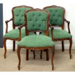 A SET OF THREE MAHOGANY ELBOW CHAIRS, 20TH C, IN LOUIS XV STYLE, WITH CLOSE NAILED BUTTONED BACK