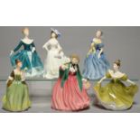 SIX ROYAL DOULTON BONE CHINA FIGURES OF YOUNG LADIES, 20CM H AND CIRCA, PRINTED MARKS Condition