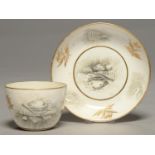 A MINTON BAT PRINTED TEACUP AND SAUCER C1810, OF BUTE SHAPE, DECORATED WITH SEASHELLS AND GILT,