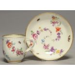 A WORCESTER COFFEE CUP AND SAUCER, OUTSIDE DECORATED, C1770, ATTRACTIVELY PAINTED IN THE ATELIER