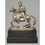 A FRENCH PLATED BRASS EQUESTRIAN SCULPTURE OF A MAN IN MEDIEVAL DRESS, LATE 19TH C, ON SLATE BASE,