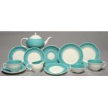 A SUSIE COOPER BONE CHINA POLKA DOT PATTERN TEA SERVICE, MID 20TH C, WITH TURQUOISE GROUND, TEAPOT