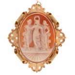 A CAMEO BROOCH, THE OVAL SHELL CARVED WITH THE THREE GRACES, THE VICTORIAN STYLE 9CT GOLD MOUNT