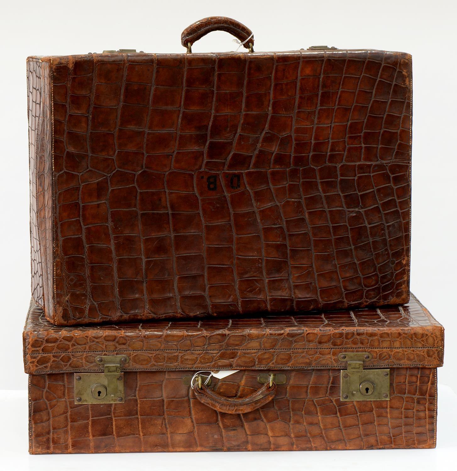 VINTAGE LUGGAGE. TWO CROCODILE HIDE SUITCASES BY THE NORTH WEST TANNERY CO. LTD., CAWNPORE, INDIA,