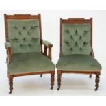 TWO MATCHING EDWARDIAN WALNUT CHAIRS IN BUTTONED GREEN UPHOLSTERY, ON RING TURNED LEGS, SEAT