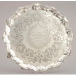 A GEORGE III SILVER SALVER, THE BORDER OF 'C' AND 'S' SCROLLS WITH SHELLS, ON THREE HOOFED FEET,