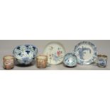 THREE CHINESE POLYCHROME OR BLUE AND WHITE COFFEE CUPS, A BATAVIAN WARE TEA BOWL, TWO SAUCERS AND