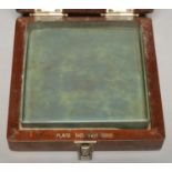 A JONES & SHIPMAN GLASS SURFACE PLATE, 15 X 15CM, MAKER'S FITTED TEAK BOX, STAMPED PLATE NO. 2451