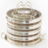 WHISKY. AN OVAL EPNS MULTI-TIER TOT STACK, ON TWO HANDLED TRAY, 41CM H Condition report  Good