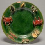 A PORTUGUESE PALISSY WARE DISH, 20TH C, THE BORDER APPLIED WITH CRABS AND CRUSTACEANS ON 'MOSS',
