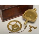 A VICTORIAN WATCHMAKER'S TURNED BRASS BALANCE POISE, MID 19TH C, IN FITTED MAHOGANY BOX, 20.5CM L