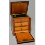 A GEORGE III STYLE MAHOGANY, SATINWOOD AND INLAID JEWEL BOX, 20TH C, WITH GEOMETRIC FRONT AND