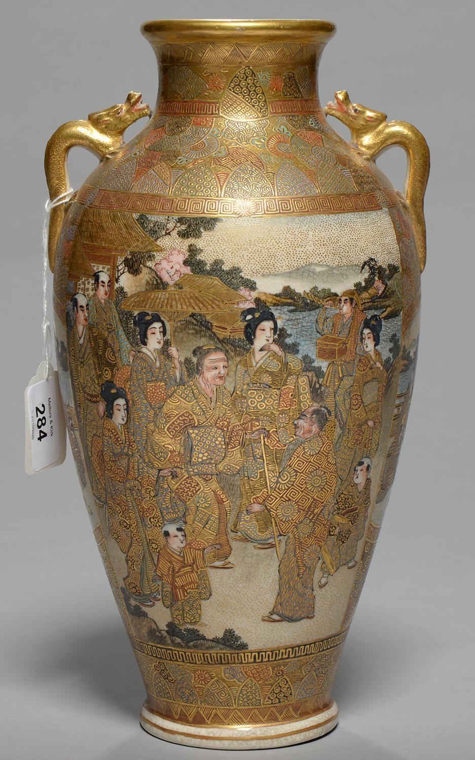 A JAPANESE SATSUMA VASE, MEIJI PERIOD, TAPERED OVIFORM WITH GILT DRAGON HANDLES, ENAMELLED WITH