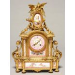 A FRENCH SPELTER GILT AND SEVRES STYLE PINK GROUND PORCELAIN MANTEL CLOCK, C1880, IN LOUIS XVI