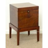 A MAHOGANY CELLARETTE, 19TH C, OF SQUARE SECTION, THE QUARTERED INTERIOR LINED IN ZINC, THE STAND ON