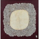 A HONITON LACE KERCHIEF, 18TH C WITH COTTON CENTRE, 38 X 38CM, FRAMED Condition report  Good