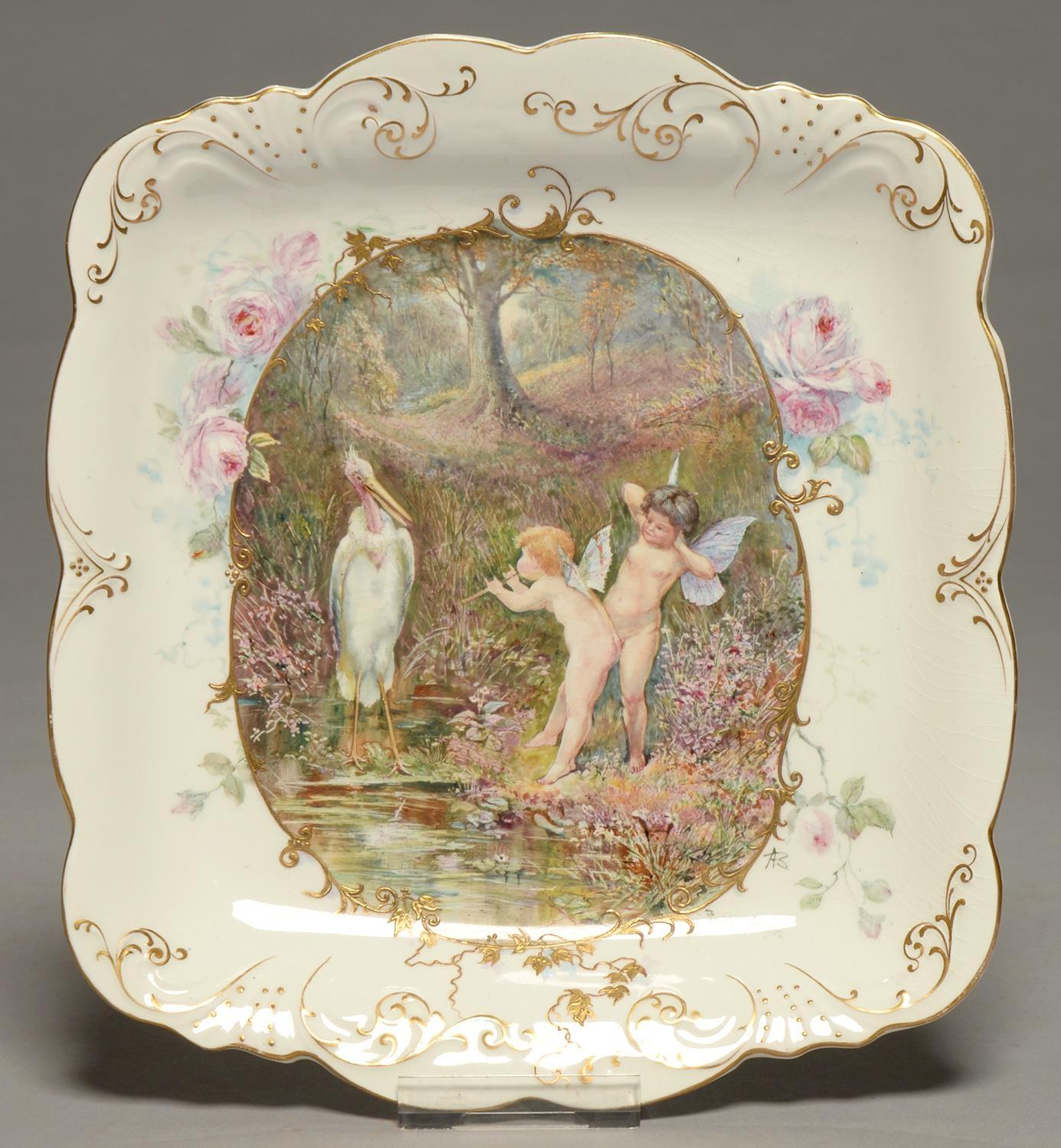 AN OUTSIDE DECORATED ALFRED MEAKIN LTD.  SHAPED SQUARE EARTHERNWARE DESSERT DISH, C1900, PAINTED