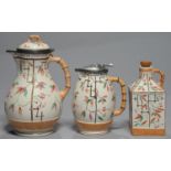 TWO AESTHETIC BROWNHILLS POTTERY CO PEWTER MOUNTED EARTHENWARE JUGS AND A FLASK, C1890, WITH