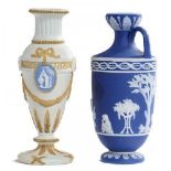 A WEDGWOOD MINIATURE THREE COLOUR JASPER VASE AND A BLUE JASPER DIP LEKYTHOS, LATE 19TH C, 10 & 10.