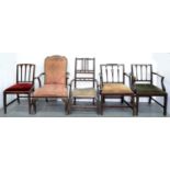 A GEORGE III MAHOGANY OPEN ARMCHAIR,  C1770, ON CABRIOLE LEGS AND FOUR VARIOUS ELBOW CHAIRS, 19TH