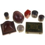 A SMALL COLLECTION OF 19TH C AND LATER LEATHER AND OTHER RING AND JEWEL BOXES AND AN EARLY 19TH C