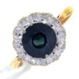 A SAPPHIRE AND DIAMOND CLUSTER RING, GOLD HOOP, MARKED 18CT, 3.8G, SIZE P Condition report  Good