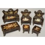 A CHINESE CARVED AND STAINED ALABASTER SUITE OF MINIATURE FURNITURE, EARLY 20TH C, INLAID IN