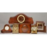 SIX VARIOUS WOOD AND OTHER MANTEL CLOCKS, C1920 AND LATER, ONE WITH COIN SLOT, INSCRIBED TWO FLORINS
